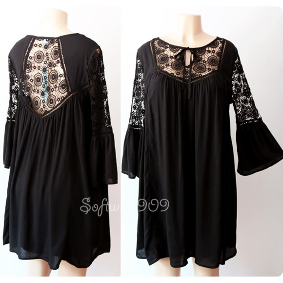 She and Sky Dresses & Skirts - Last☝️Black Crochet Lace Boho Babydoll Swing Dress